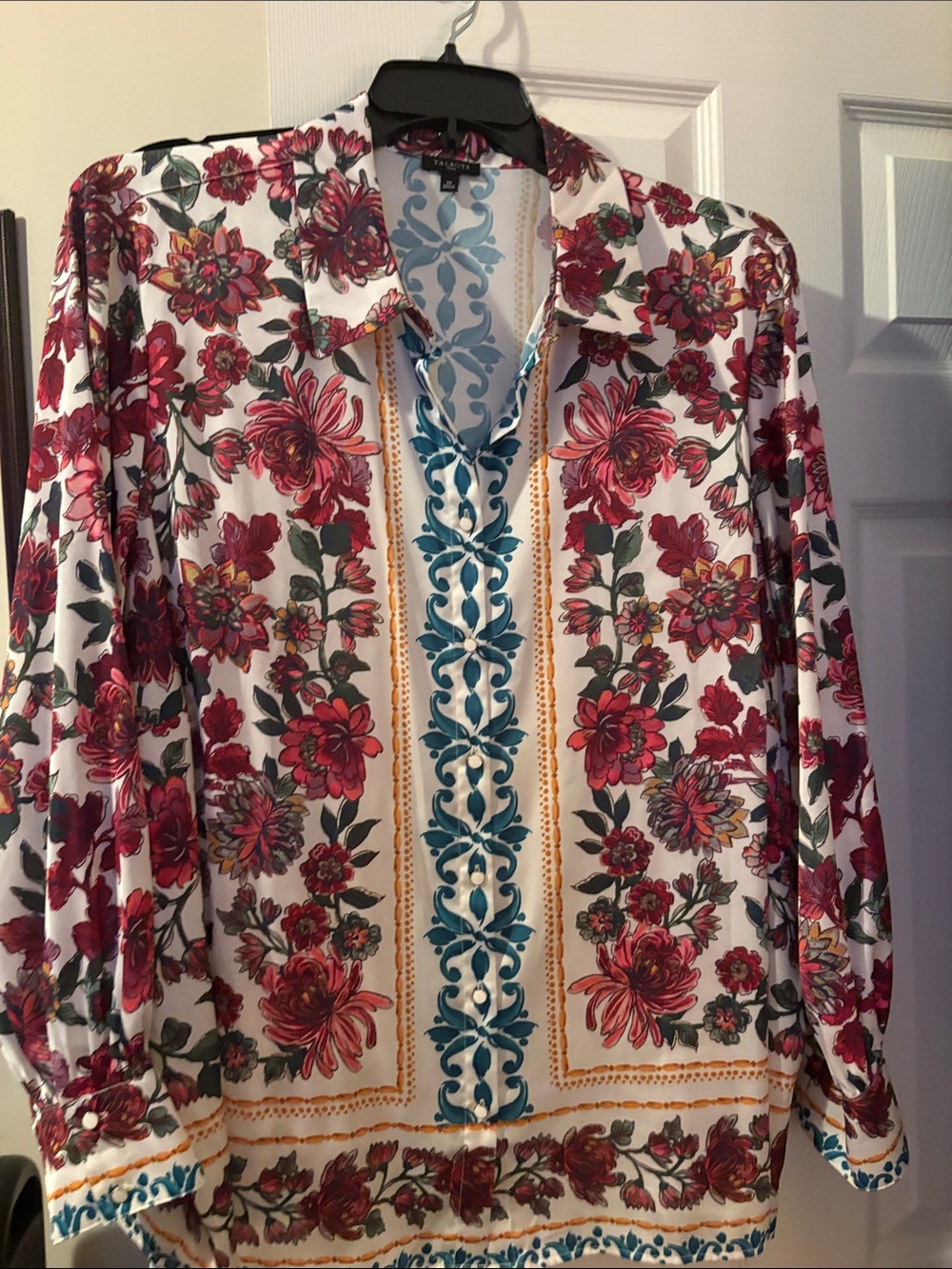 Talbots White Blouse with Red Floral and Teal Trim